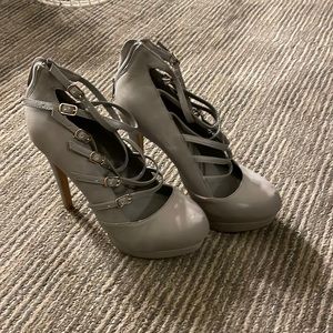 Grey platform strappy heels